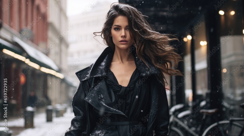 Fototapeta premium A young attractive woman demonstrates fashionable winter clothes on a city street. Dynamic pose. Fashion, female beauty.