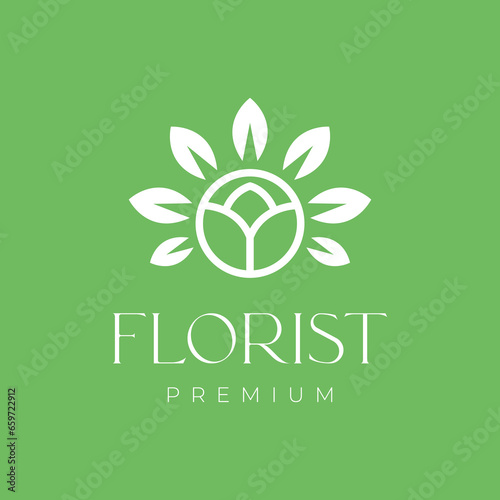 flower buds leaves plant botanical gardening florist feminine simple circle minimal logo design vector icon illustration