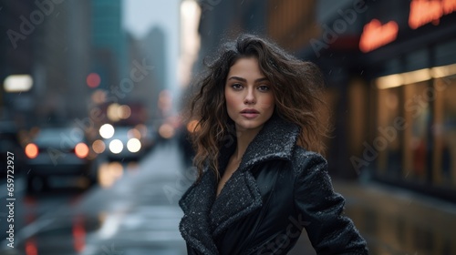 A young attractive woman demonstrates fashionable winter clothes on a city street. Dynamic pose. Fashion, female beauty.