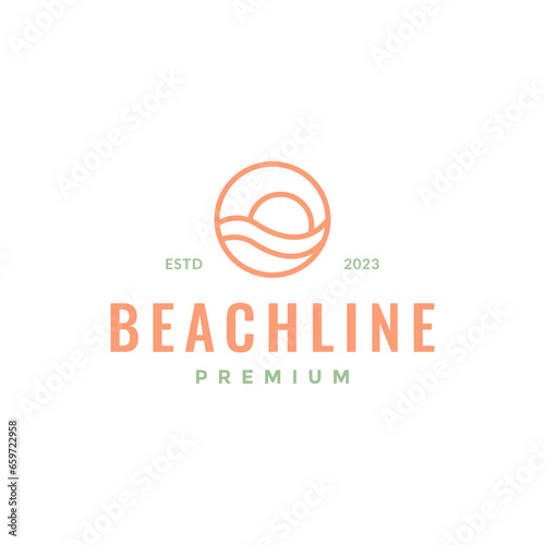 wave beach sunset circle geometric simple minimalist line style hipster logo design vector icon illustration