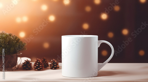 Blank white mug mockup on wooden table with cozy blurry Christmas background, Empty cup template. Generative AI