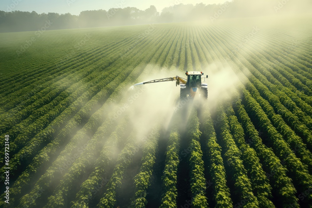 Industrial tractor spraying soybean field at spring in agriculture. Sprays useful pesticides to increase productivity destroys harmful insects. - obrazy, fototapety, plakaty 