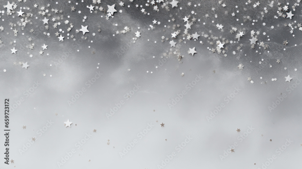 Gray Christmas background with snowflakes, Shiny sparkles, Glittering, Copy space. Generative AI