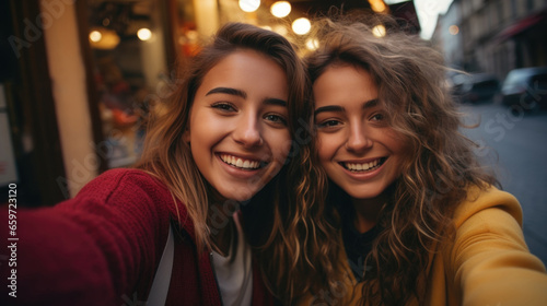 Two young laughing happy women taking a selfie on the phone. Friendship and lifestyle.