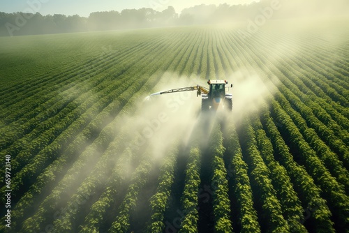 Industrial tractor spraying soybean field at spring in agriculture. Sprays useful pesticides to increase productivity destroys harmful insects. photo