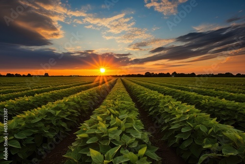 View of soybean farm agricultural field with sky, Green agriculture background.