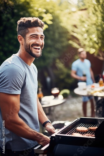 Happy man grilling in his backyard talking with his friends and family