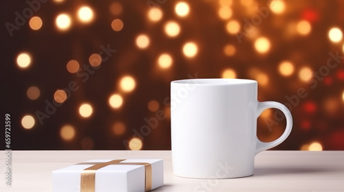 Blank white mug mockup on wooden table with Christmas gift box background, Empty cup template. Generative AI