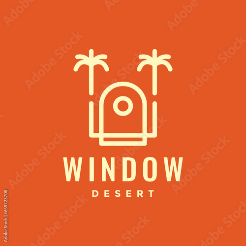 window with coconut tree and palm simple geometric line minimal logo design vector icon illustration