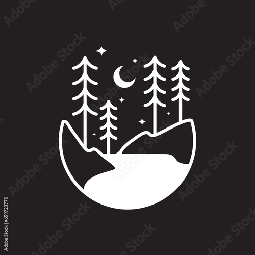 nature outdoor forest river trees night crescent stars minimalist style line sticker logo design vector icon illustration
