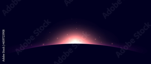 Planet eclipse concept. Red purple solar light glare effect. Abstract glowing sunrise in dark space. Earth horizon halo illustration. Vector design for poster, banner, cover, brochure, booklet.