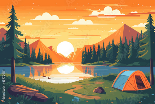 Camping and hiking in the mountains. Vector illustration in flat style