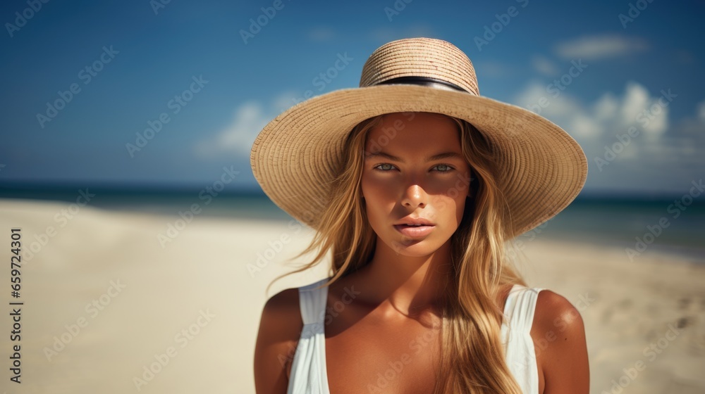 Young stylish woman in a straw hat on the beach. A woman during summer vacation. Beautiful fashionable girl relaxing on the beach.