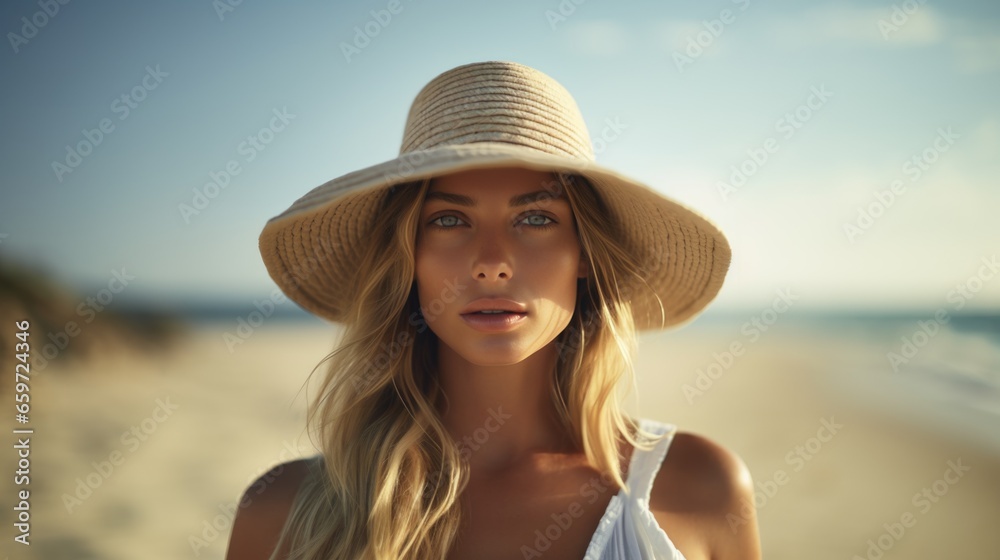 Young stylish woman in a straw hat on the beach. A woman  during summer vacation. Beautiful fashionable girl relaxing on the beach.