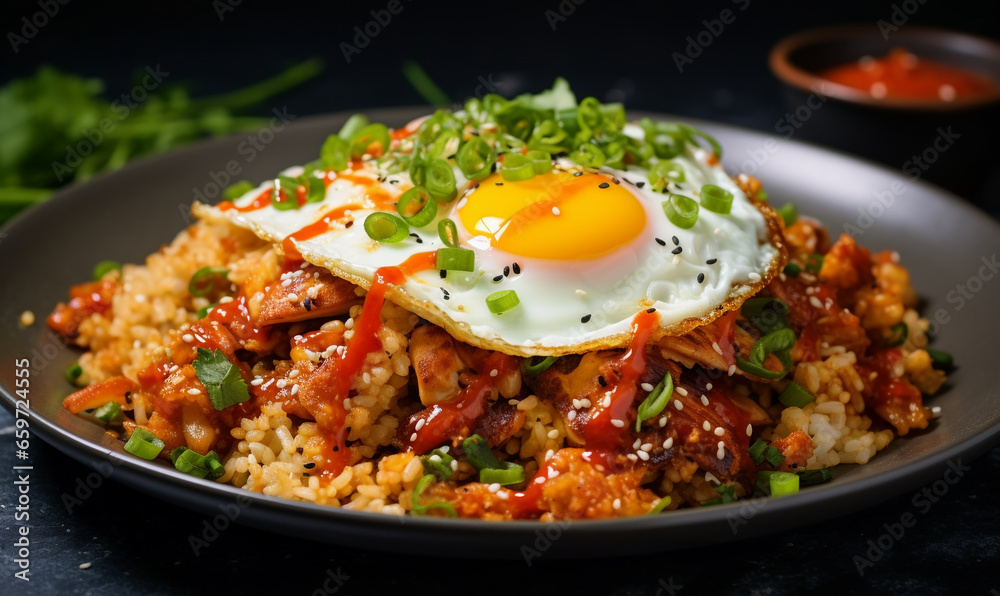 Fried rice topped with fried eggs. Fried rice topped with fried eggs.