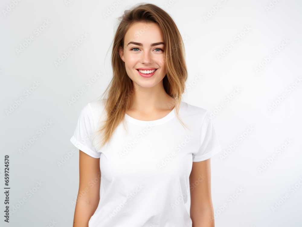 Nice young woman in a white T-shirt on a plain background. Nice young woman in a white T-shirt on a plain background.