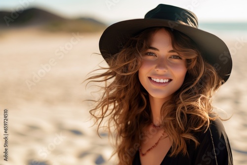 Young stylish woman in a straw hat on the beach. Happy tanned woman laughing during summer vacation. Beautiful fashionable girl relaxing on the beach. © Restyler