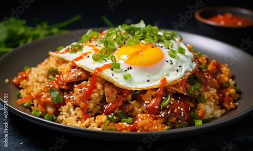 Fried rice topped with fried eggs.