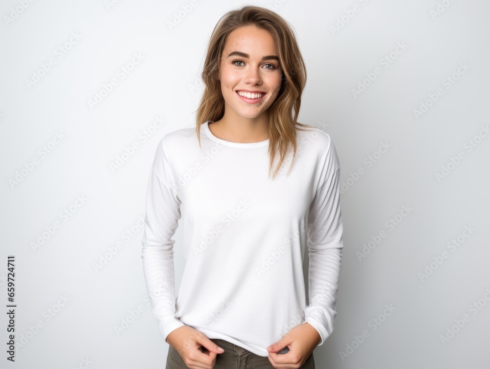 Nice young woman in a white T-shirt on a plain background. Nice young woman in a white T-shirt on a plain background.