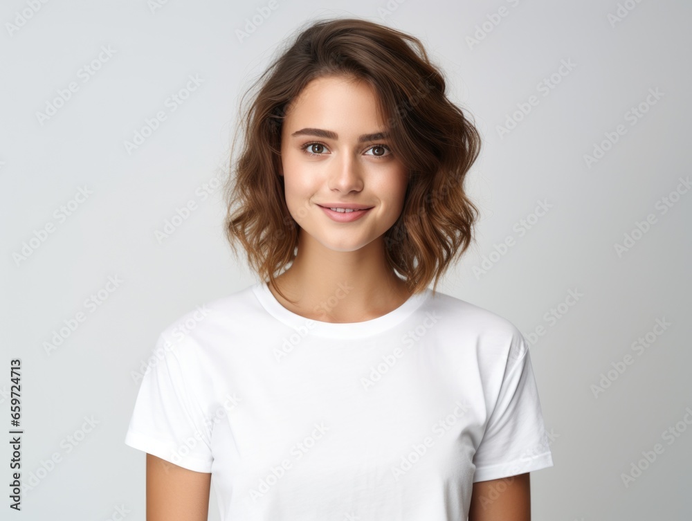 Nice young woman in a white T-shirt on a plain background. Nice young woman in a white T-shirt on a plain background.
