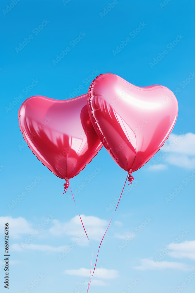 Two pink heart shaped balloons over the blue sky, Valentine's day composition, ai generated