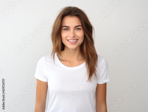 Nice young woman in a white T-shirt on a plain background.