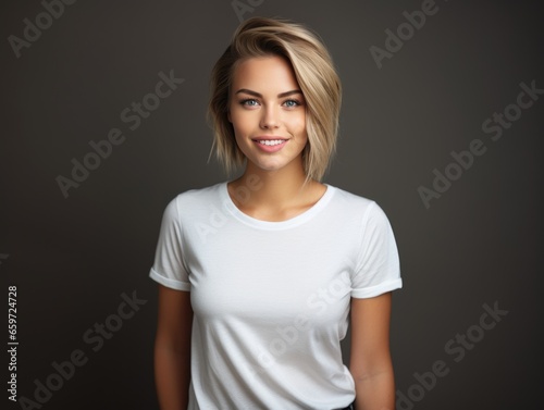 Nice young woman in a white T-shirt on a plain background.