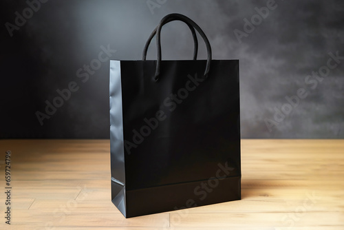 Black paper shopping bag on wooden floor, black friday sale concept, ai generated