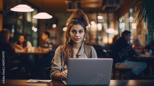 A woman works remotely in a cafe on a laptop. Freelancing and home office.