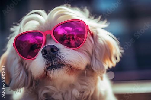 Cute happy small dog wearing pink sunglasses, ai generated © Diana Vyshniakova