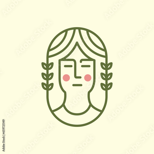 woman portrait long hair beauty feminine rounded nature leaves lines simple style minimalist sticker mascot logo design vector icon illustration