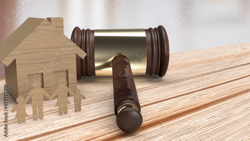 The wood house and Hammer for law of property or Building 3d rendering