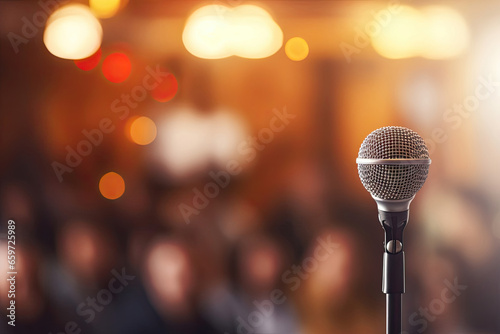 A microphone on a stand in front of an audience