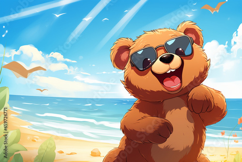anime style background, a bear on the beach
