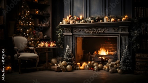 Fireplace with christmas decorations, generative AI