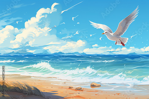 anime style background  a bird on the beach