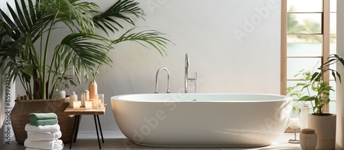 Neutral tones and organic shapes create a soft and natural atmosphere in a bathroom with a large window oval bathtub green palm plants candles and bubble bath promoting leisure relaxation se