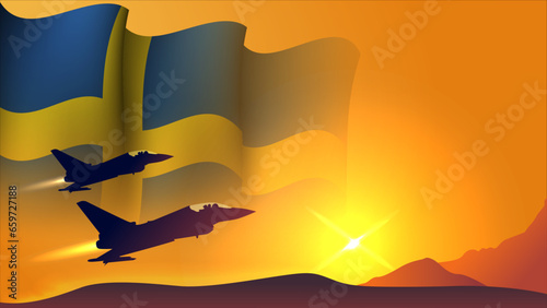 fighter jet plane with sweden waving flag background design with sunset view suitable for national sweden air forces day event vector illustration photo