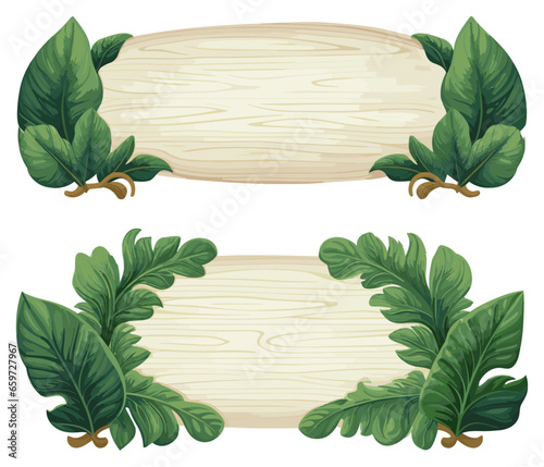 Wooden signboards in jungle. Wood board with tropical leaves, moss and liana plants, Jungle wood banner, vector illustration, Generative Ai.