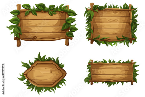 Wooden signboards in jungle. Wood board with tropical leaves, moss and liana plants, Jungle wood banner, vector illustration, Generative Ai.