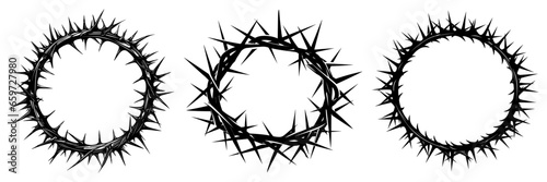Collection of Christ crown In different shapes, crown of  thorns religious symbols set, vector illustration, generative ai. photo