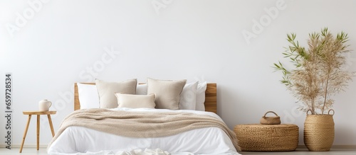 Modern interior design featuring a stylish bedroom corner with a cozy setting including a rattan headboard soft pillows and a plywood wall photo