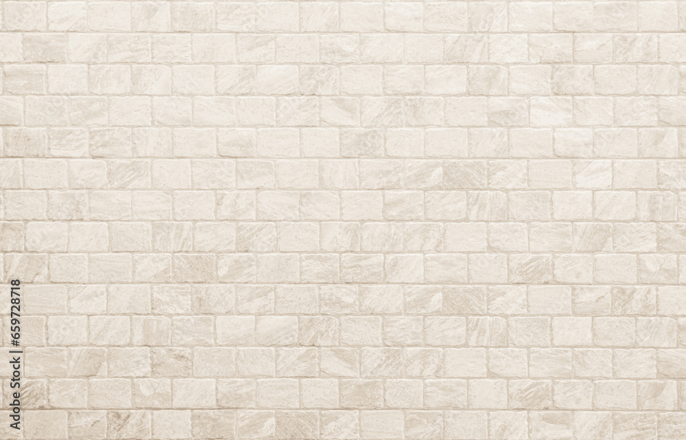 Empty background of wide cream brick wall texture. Beige old brick wall concrete or stone textured, wallpaper limestone abstract flooring. Grid uneven interior rock. Home decor design backdrop. - obrazy, fototapety, plakaty 