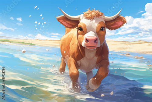anime style background, a cow on the beach