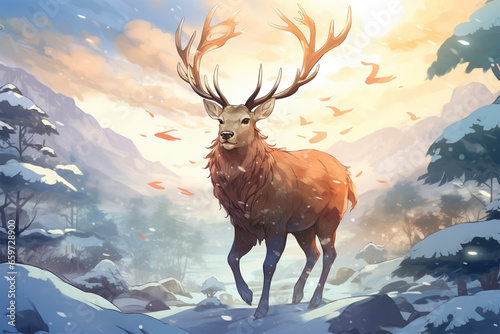 anime style background, a deer in the snow