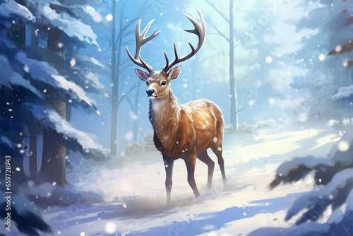 anime style background, a deer in the snow © Yoshimura
