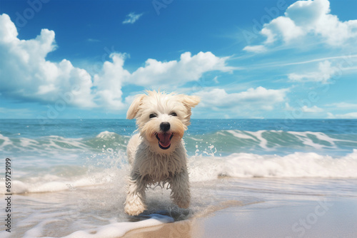 anime style background, a dog on the beach