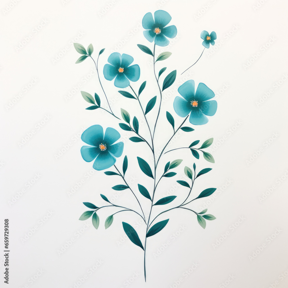 Blue-green flowers in a beautiful isolated simple watercolor gouache illustration on watercolour paper texture