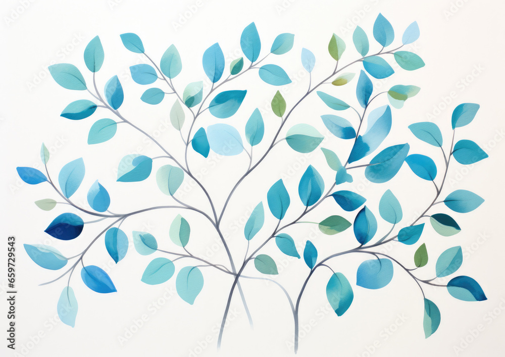 Blue-green leaves in a beautiful isolated simple watercolor gouache illustration pattern, on watercolour paper texture Blue-green leaves in a beautiful isolated simple watercolor gouache illustration pattern, on watercolour paper texture
