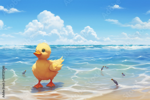 anime style background, a duck on the beach